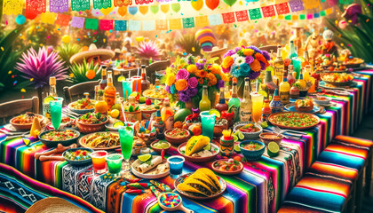 Fototapeta premium Festive Table Bursting with Color Under Vibrant Papel Picado