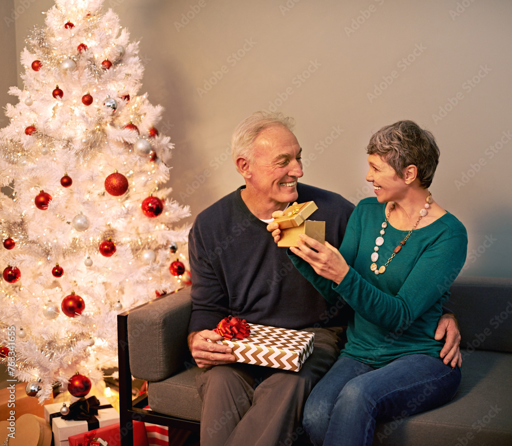 Poster Christmas, gift and senior couple with love, holiday giving and support together in home with romance. Happy, retirement and marriage with smile and hug in house with celebration and presents