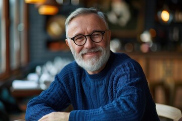 Portrait of a smiling senior man with a beard and glasses wearing a blue sweater sitting at a table in a restaurant