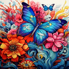 Fotobehang Abstract painting with vibrant colors of butterflies and blooming flowers. © Aisyaqilumar