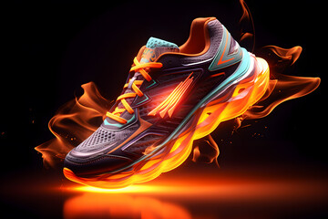 Creative bright sneaker in neon colors isolated on black background. Sport footwear

