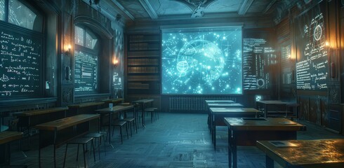 A classroom from the future, equipped with holographic projections of the cosmos, offering an immersive educational environment. - obrazy, fototapety, plakaty