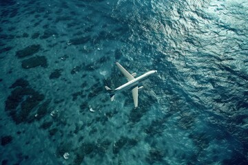 Naklejka premium Realistic photograph of an airplane flying over the ocean