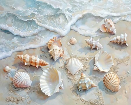 A composition of seashells in soft pastel shades on a sandy beach, evoking the quiet beauty of the seashore,