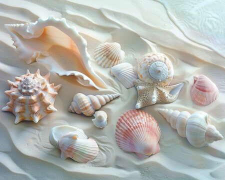 A composition of seashells in soft pastel shades on a sandy beach, evoking the quiet beauty of the seashore,