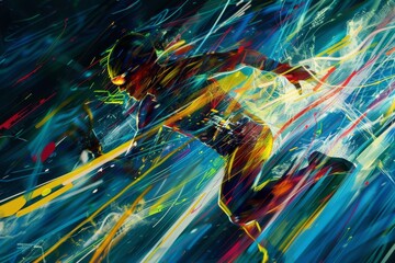 Vibrant abstract sports scene, capturing the energy and motion of athletes in action, with dynamic lines and vivid colors