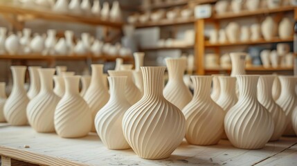 A collection of symmetrical ceramic vases with elegant grooved patterns awaits the final touches on a pottery studio workbench.