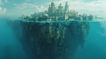 A fantastical city floats above the water, its elaborate buildings perched atop a massive, cliff-like foundation submerged in the ocean depths. - obrazy, fototapety, plakaty