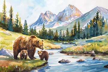 Watercolor illustration of a family of bears fishing in a mountain stream. - obrazy, fototapety, plakaty