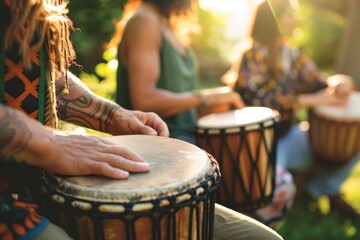 A group of people were playing traditional African drums during an outdoor drum circle