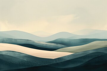 A minimalist landscape of rolling pastel hills under a muted sky, highlighting the simplicity of nature's contours,