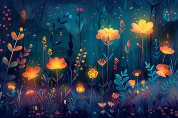 Obraz na płótnie Canvas Whimsical vector illustration of a magical garden at night with luminous flowers, fireflies, and a small whimsical creature