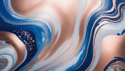 Abstract marbled acrylic paint, ink, rainbow color swirls wave, silver blue rose gold
