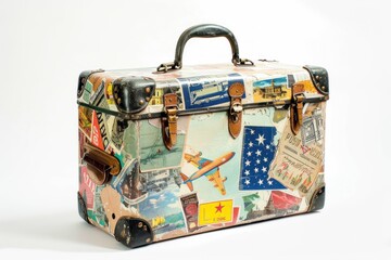 A vintage suitcase covered in travel stickers