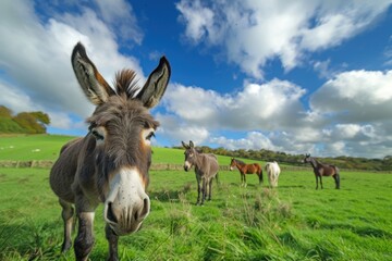 A cute donkey standing in the green grass of an English field - Powered by Adobe