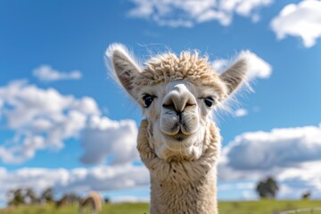 Obraz premium A cute alpaca smiles at the camera against blue sky with clouds