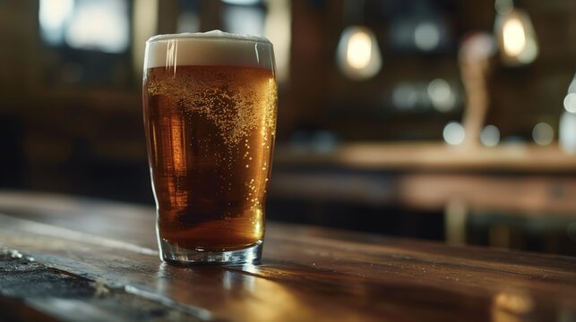 Beer in a glass on a wooden bar in a pub, alcoholic beverage in a pub, refreshing beer, evening relaxation after work, carbonated alcoholic drink, alcoholism issue, innocent drinks lead to big alcohol