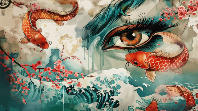 Koi fish in pond with face of woman illustration