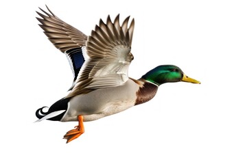 The mallard duck is flying in the air