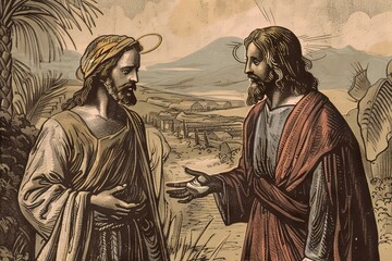Illustration of Jesus Christ inviting a tax collector to follow him, showcasing acceptance and transformation of societal outcasts.