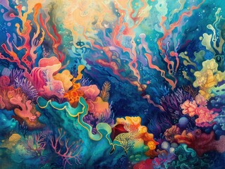 Fototapeta na wymiar An abstract pastel painting inspired by the forms and hues of coral reefs, merging art with the wonders of the ocean,