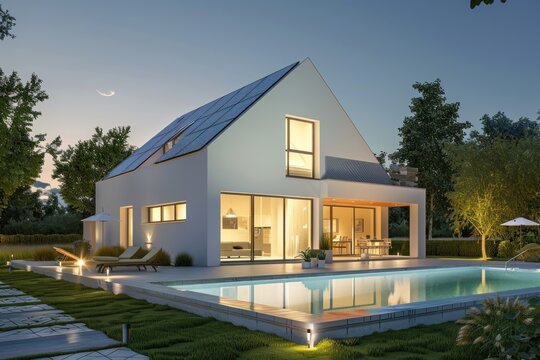 Modern house with pool and garden in the countryside at night