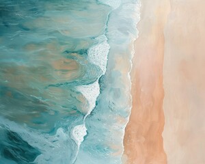 Fototapeta na wymiar An abstract aerial view of a beach, where the sea meets the sand in gentle pastel gradients,