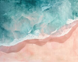 An abstract aerial view of a beach, where the sea meets the sand in gentle pastel gradients,