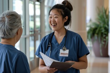 A photo of an Asian female nurse wearing blue scrubs