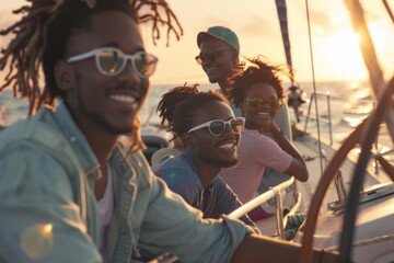 A group of young black friends were having fun on a yacht - obrazy, fototapety, plakaty