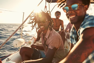 Zelfklevend Fotobehang A group of young black friends were having fun on a yacht © AAA