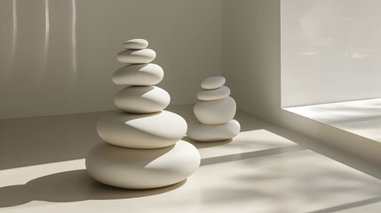 An artistic portrayal capturing the interplay of light and shadow on three stacks of white pebble stones, evoking a sense of harmony and equilibrium in nature