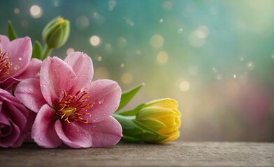 A pink, yellow flower with yellow petals and the word spring on it. Image for a wedding, women's day, mother's day , Valentine's Day or birthday themed greeting card or invitation. With space for text - Powered by Adobe