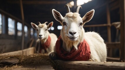 Two goats with red bandanas lie peacefully at goat farm, their contented expressions reflecting tranquility of life. Surrounded rustic charm of farm, they embody serenity, harmony of pastoral setting - obrazy, fototapety, plakaty
