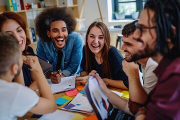 A diverse group of young professionals were having fun together while working on a project in the office