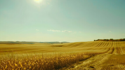 An awe-inspiring shot capturing the endless rows of a cornfield stretching to the horizon, under a perfect, sunny sky