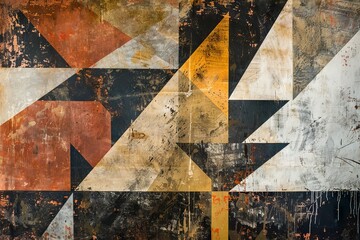 Modern abstract mural featuring geometric shapes and metallic highlights on a distressed, textured surface, symbolizing urban energy and creativity.