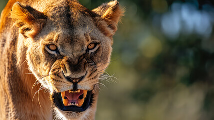 Löwe, eine Wildkatze in Afrika. Ein wildes Tier mit viel Kraft. - obrazy, fototapety, plakaty