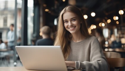 happy young woman, smiling girl student using laptop computer sitting on chair in cafe space working online