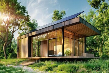 Obraz premium A modern house with solar panels on the roof