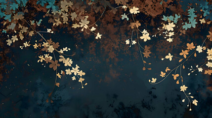 An expansive view of a lush branch extending gracefully across the frame, adorned with vibrant foliage that dances in the gentle breeze, against a backdrop of deep brown navy blue hues