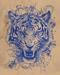 Tiger Potrait with Ornament in Blue Sketch