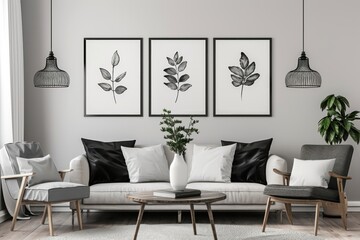 A set of three black and white botanical prints in frames - obrazy, fototapety, plakaty