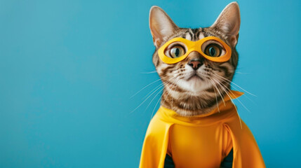 A cat in a yellow superhero costume, looking into the camera, blue studio background, copy space