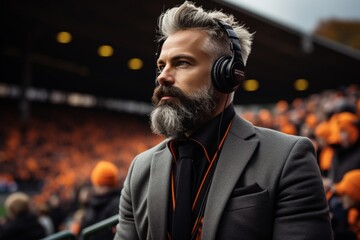 Sportscaster on podium wearing headphones at stadium with football field background - obrazy, fototapety, plakaty