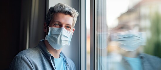 Man in mask looking out window, senior man smiling by window during quarantine - obrazy, fototapety, plakaty
