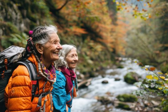 A photo of an elderly woman and her adult daughter hiking in a forest