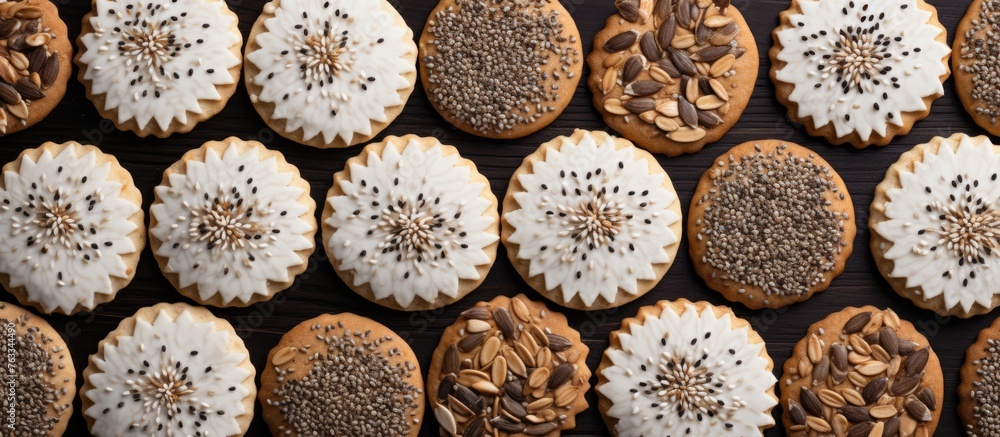 Poster a close-up of cookies and frosting on a table