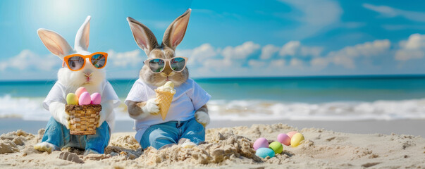 Funny Easter bunnies enjoying ice cream on sunny beach with blue sky background. Anthropomorphic animals
