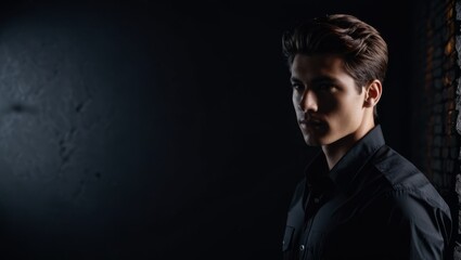 Obraz premium A man in a black shirt stands in a dark room with black walls on both sides and a brick wall behind him